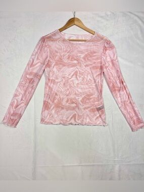 Dazy Sheer Mesh Marble Print Top Pink Swirl Y2K-Inspired Long Sleeve Size Large